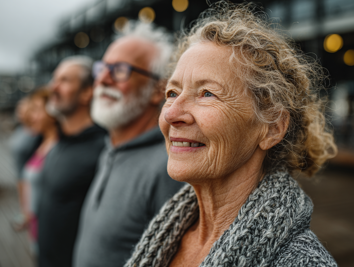 Skupina seniorov cvičiacich v priateľskej atmosfére